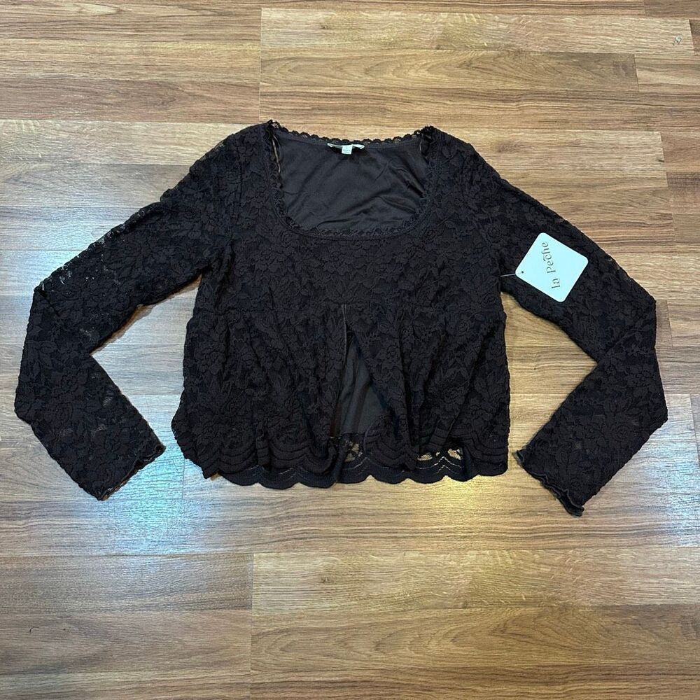 La Peche Long Sleeve Laced Crop Top Shirt Brown | Women Size Large